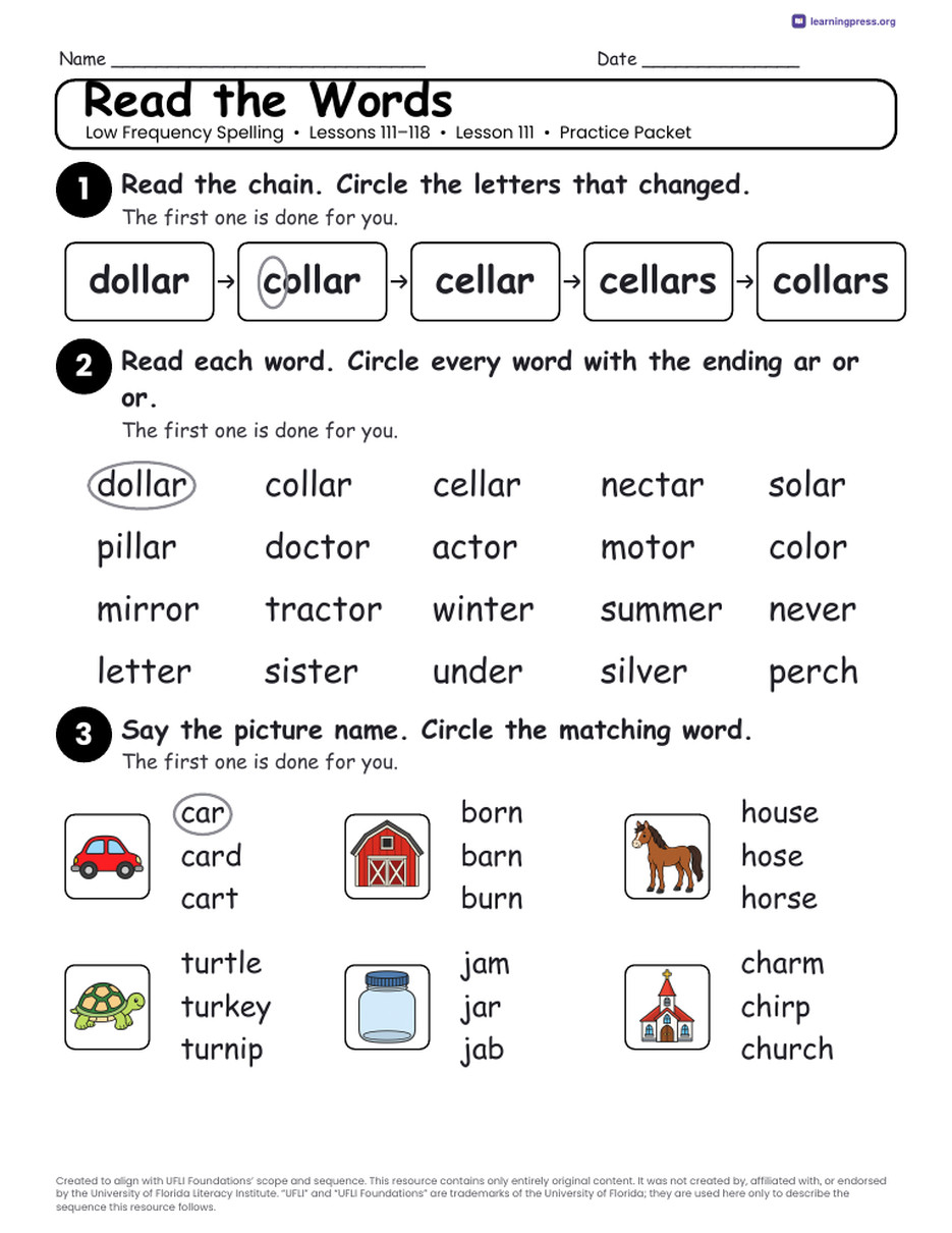 Preview page 2 of Low Frequency Spelling Unit Bundle · Lessons 111–118
