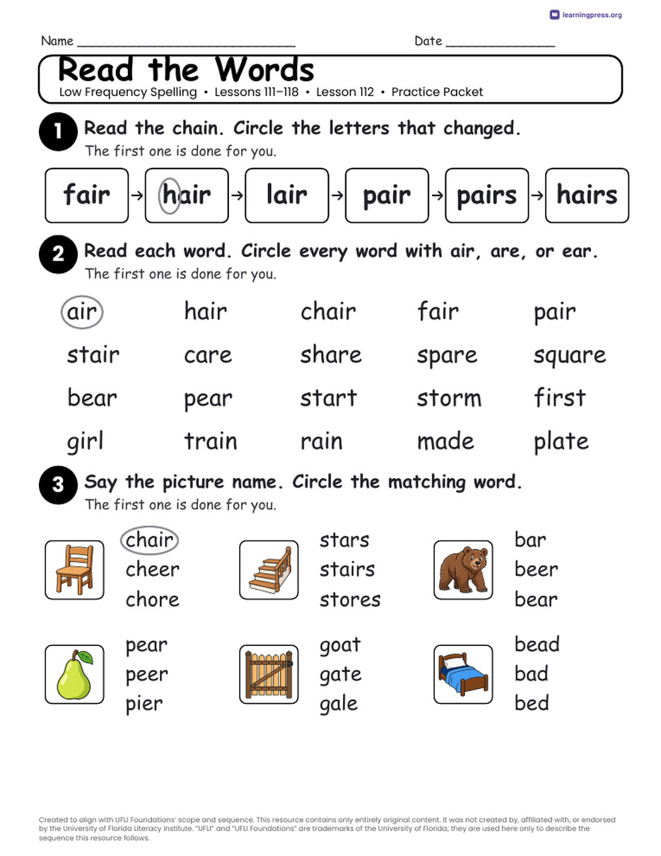Preview page 4 of Low Frequency Spelling Unit Bundle · Lessons 111–118