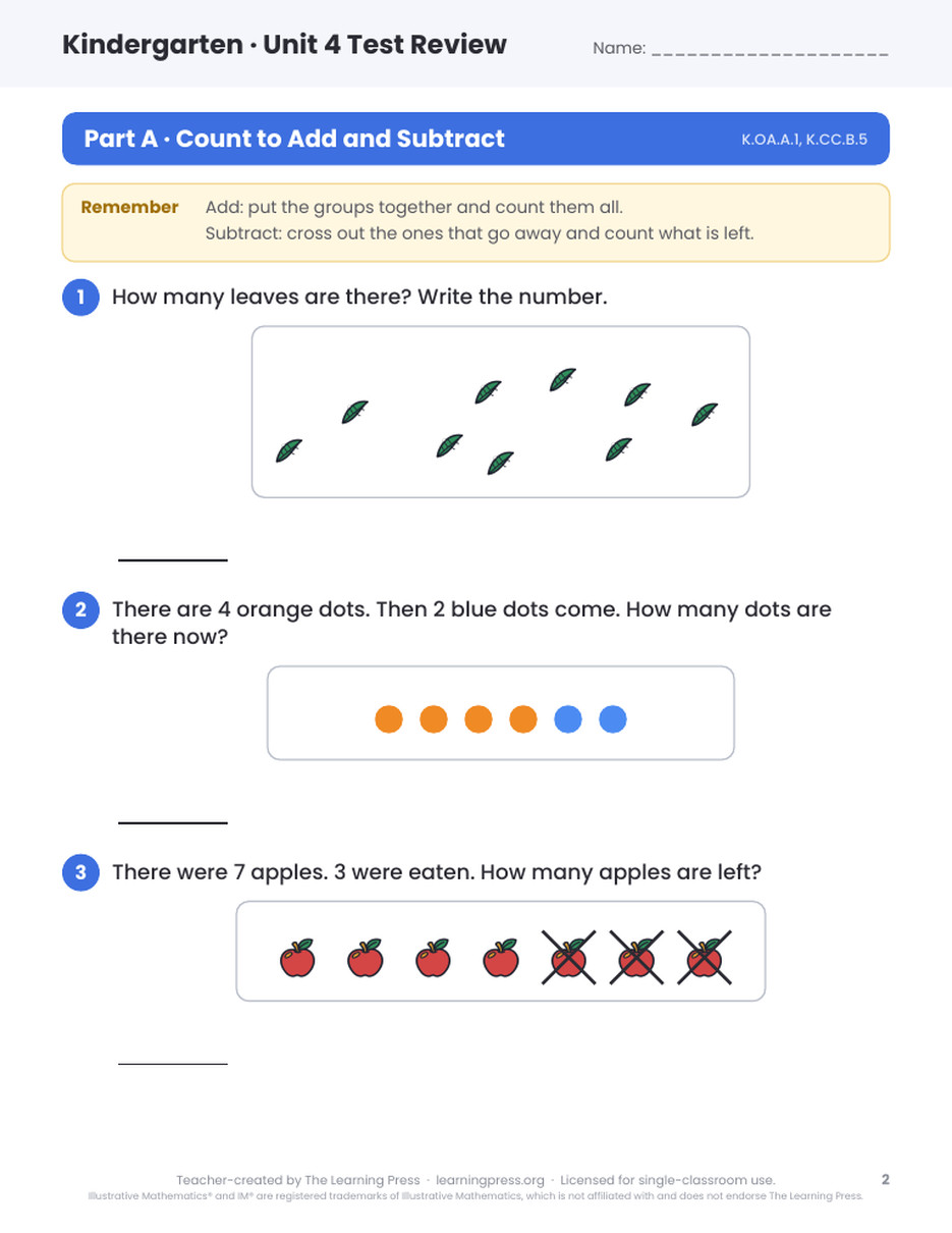 Preview page 1 of Illustrative Math (IM®) Aligned Kindergarten Unit 4 Test Review