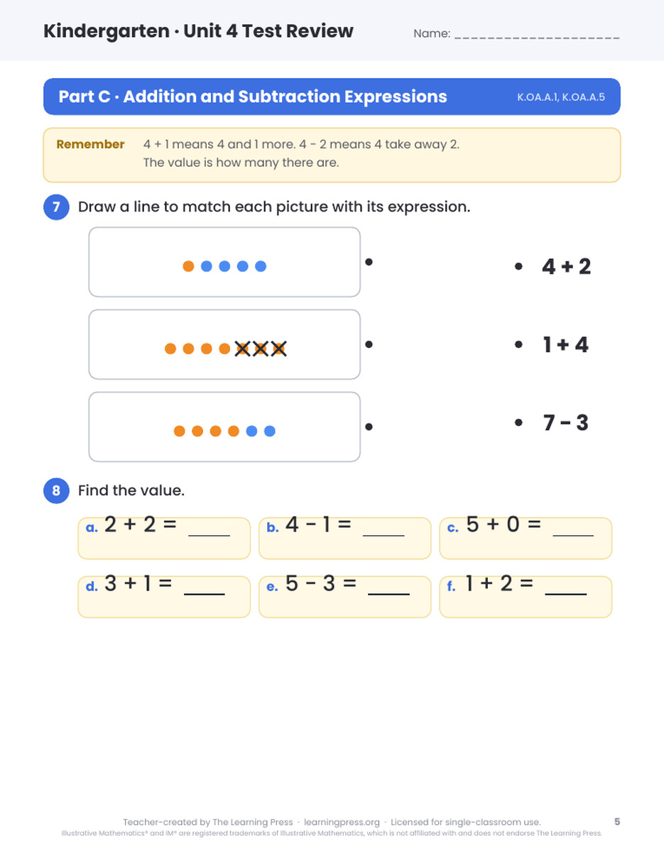 Preview page 4 of Illustrative Math (IM®) Aligned Kindergarten Unit 4 Test Review