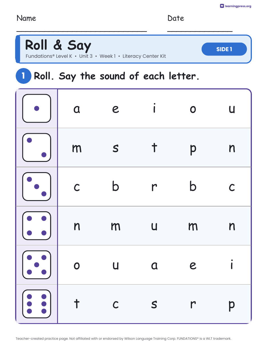 Preview page 1 of Fundations Level K Unit 3 Week 1 Literacy Center Kit