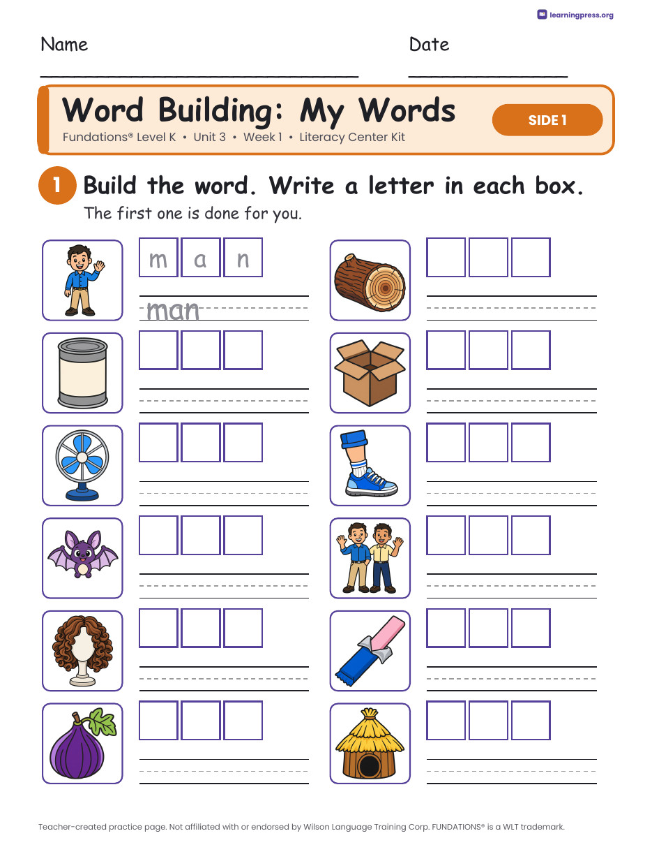 Preview page 2 of Fundations Level K Unit 3 Week 1 Literacy Center Kit