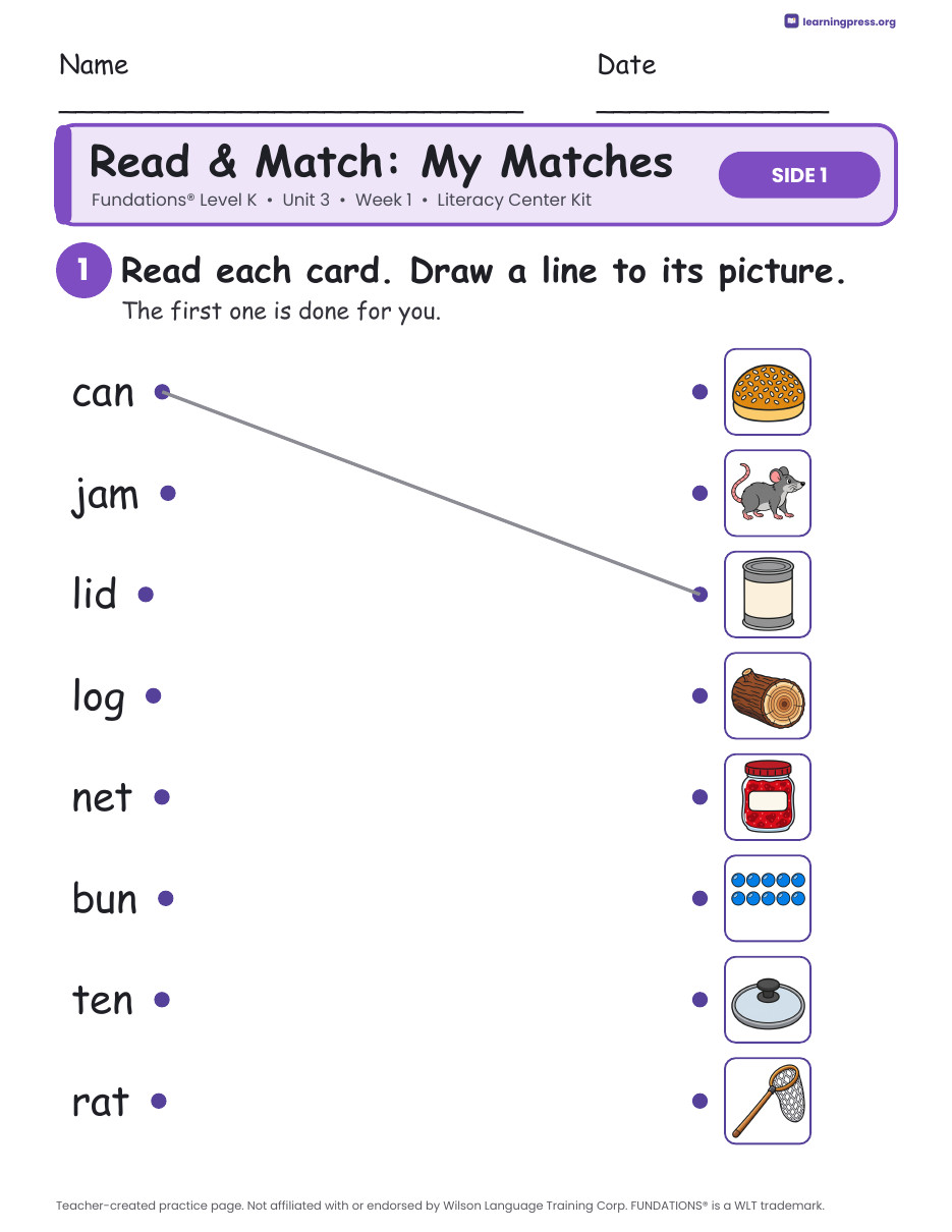 Preview page 3 of Fundations Level K Unit 3 Week 1 Literacy Center Kit