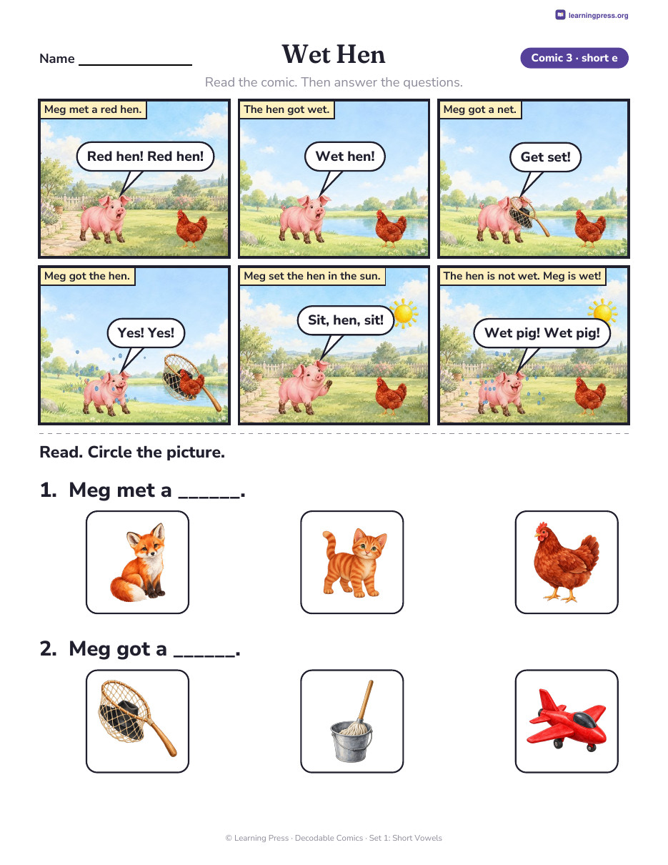 Preview page 2 of Decodable Comics: Short Vowels (Set 1)