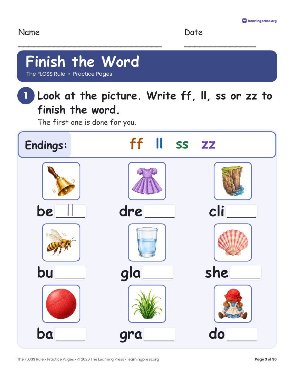 Preview page 2 of FLOSS Rule Poster, Worksheets & Slides · ff ll ss zz + all oll ull