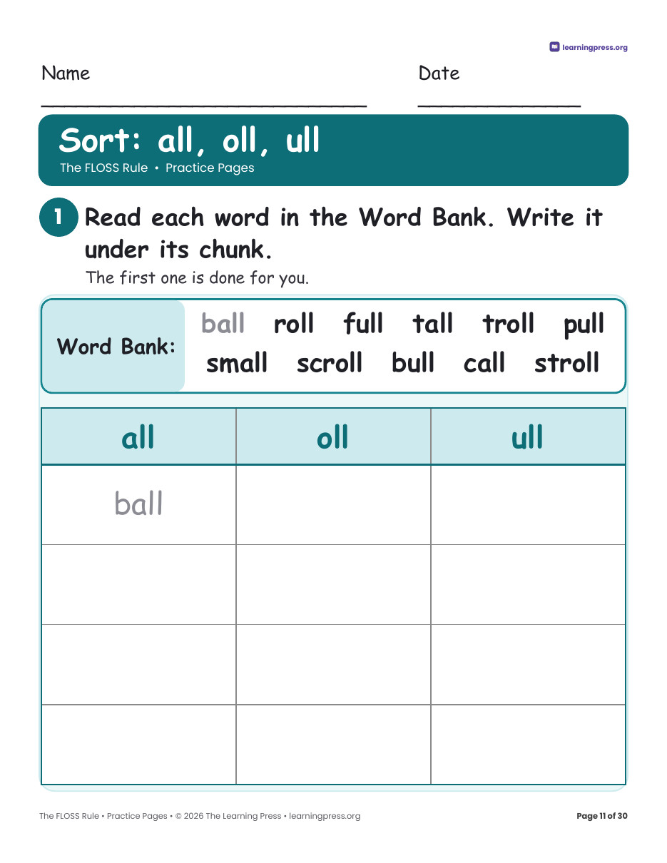 Preview page 3 of FLOSS Rule Poster, Worksheets & Slides · ff ll ss zz + all oll ull
