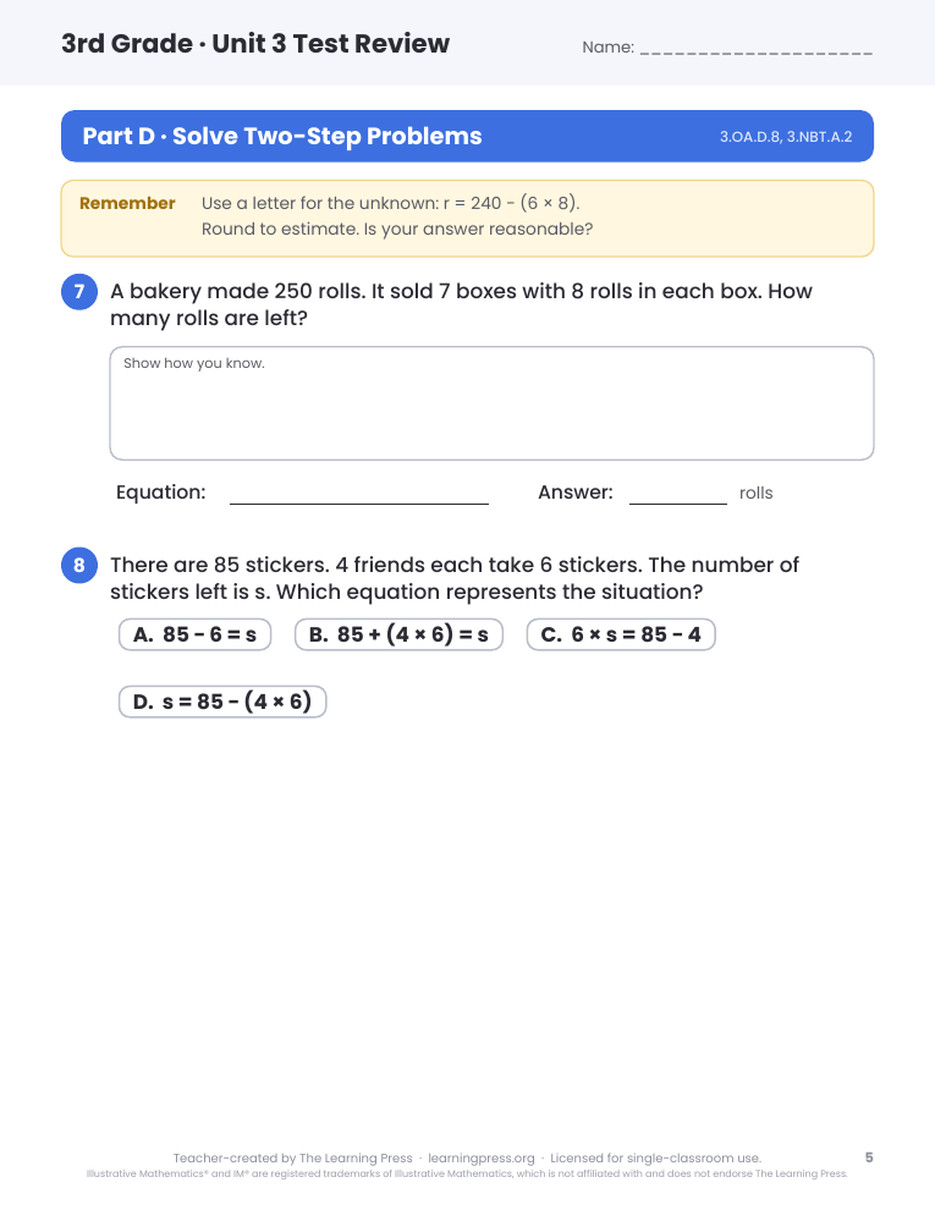 Preview page 2 of Illustrative Math (IM®) Aligned 3rd Grade Test Review Bundle: All 7 Units