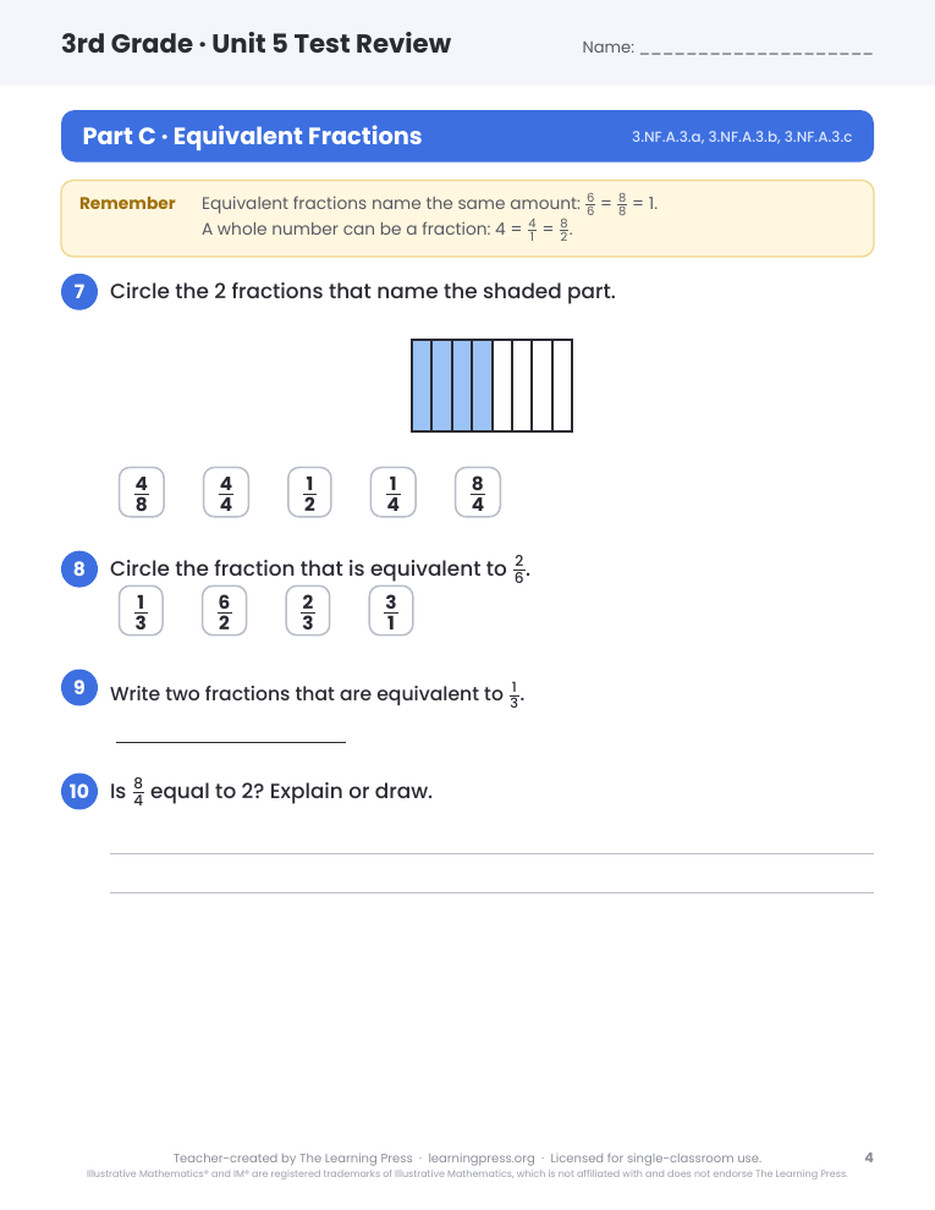 Preview page 4 of Illustrative Math (IM®) Aligned 3rd Grade Test Review Bundle: All 7 Units