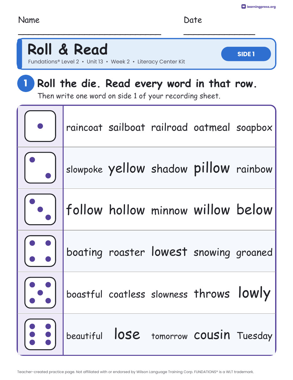 Preview page 1 of Fundations Level 2 Unit 13 Week 2 Literacy Center Kit
