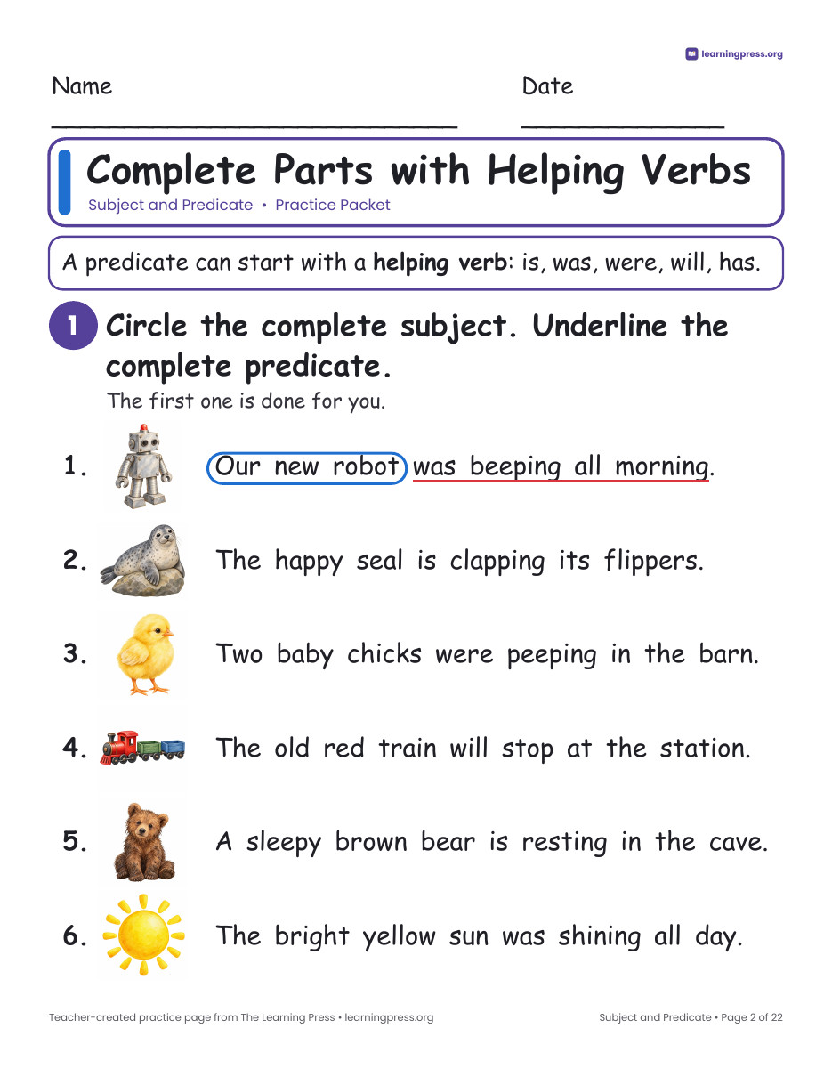 Preview page 2 of Subject and Predicate Worksheets, Posters & Slides – Grade 3