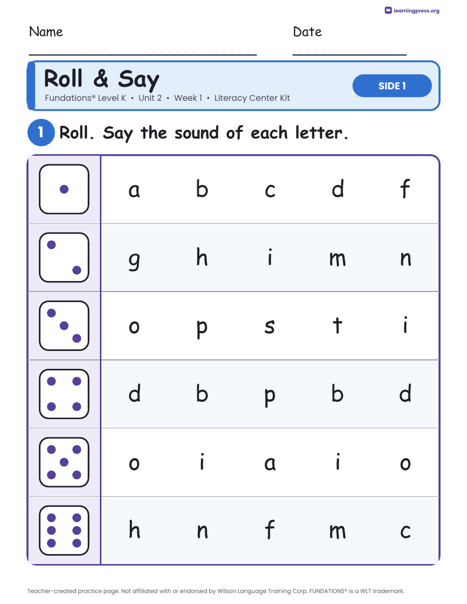 Preview page 1 of Fundations Level K Unit 2 Week 1 Literacy Center Kit