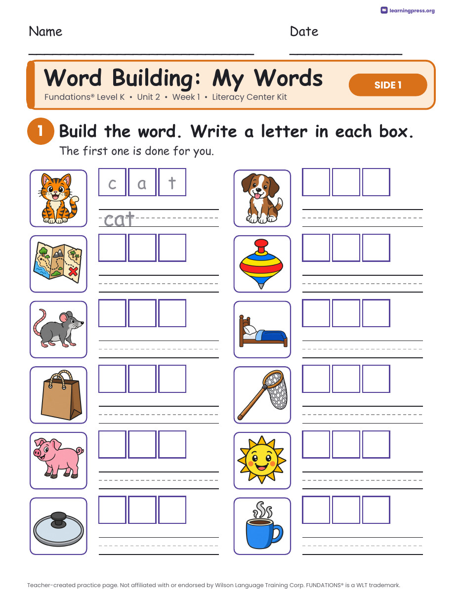 Preview page 2 of Fundations Level K Unit 2 Week 1 Literacy Center Kit
