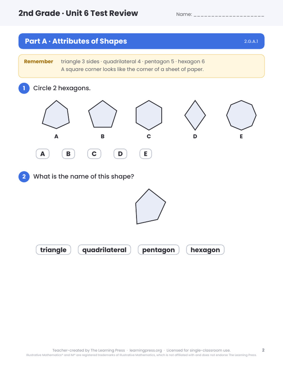 Preview page 1 of Illustrative Math (IM®) Aligned 2nd Grade Unit 6 Test Review