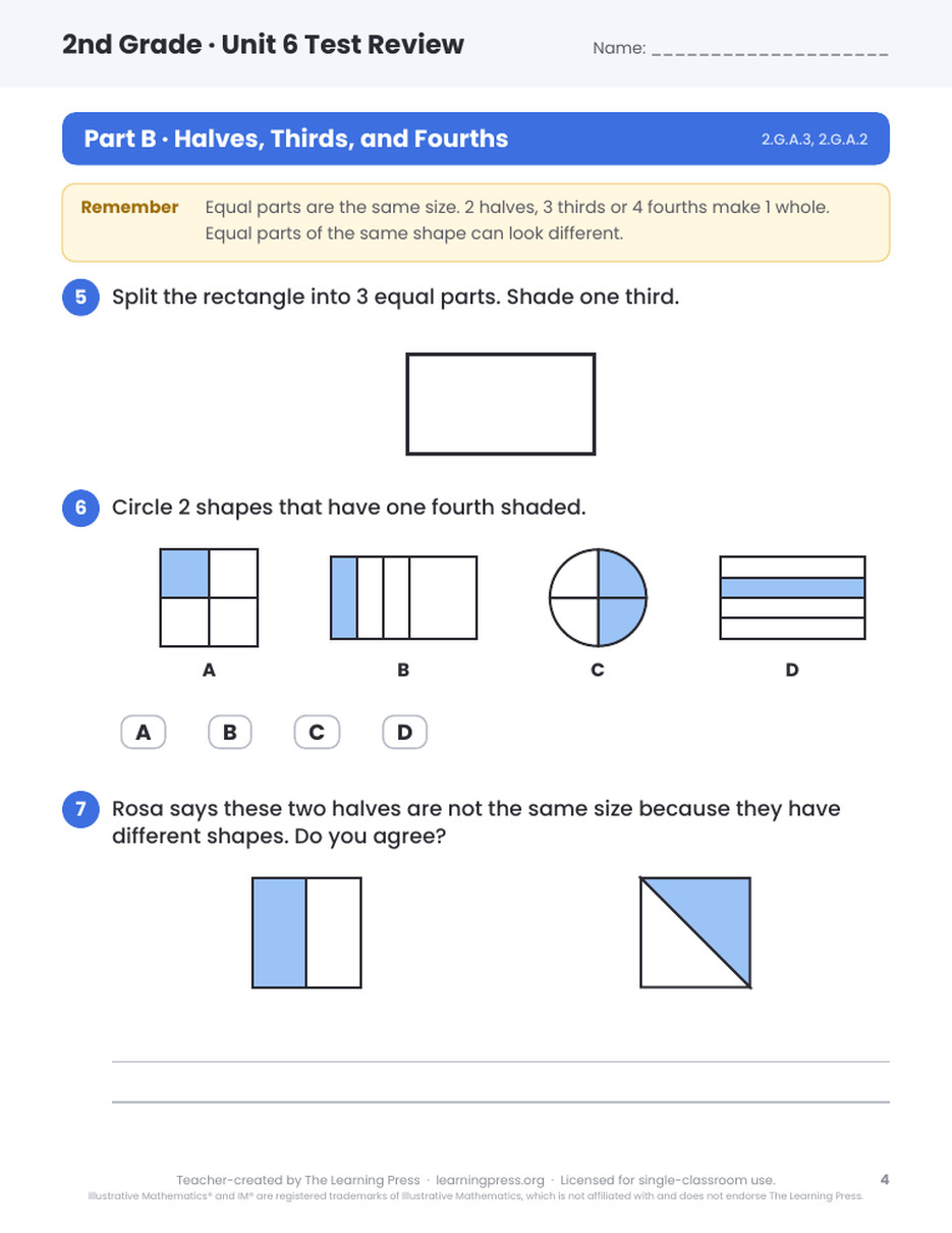 Preview page 2 of Illustrative Math (IM®) Aligned 2nd Grade Unit 6 Test Review