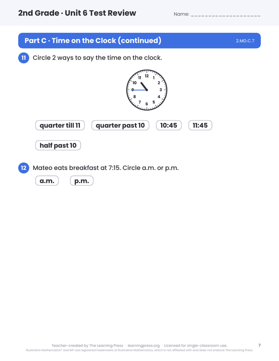 Preview page 3 of Illustrative Math (IM®) Aligned 2nd Grade Unit 6 Test Review