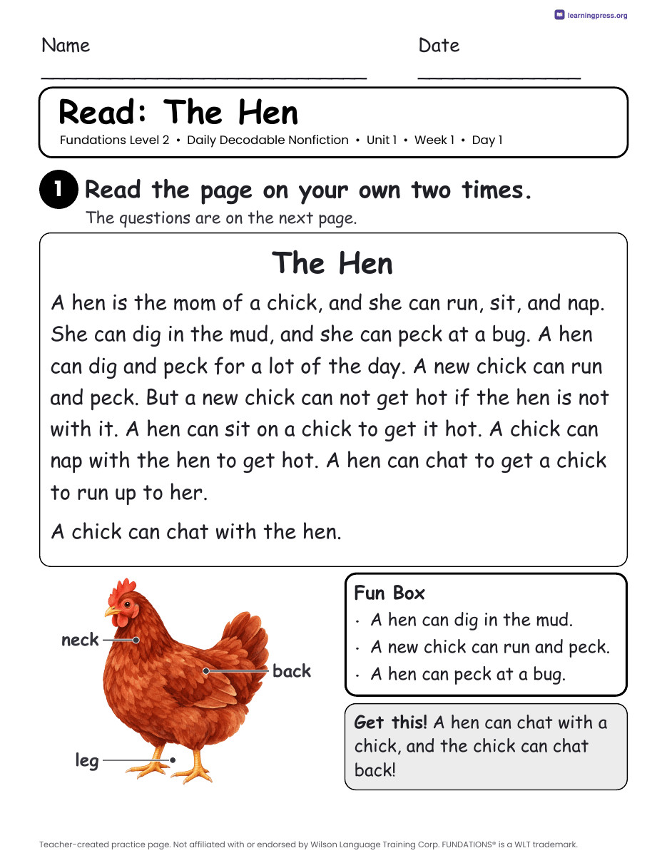 Preview page 1 of Fundations-Aligned Daily Decodable Nonfiction · Level 2 Unit 1