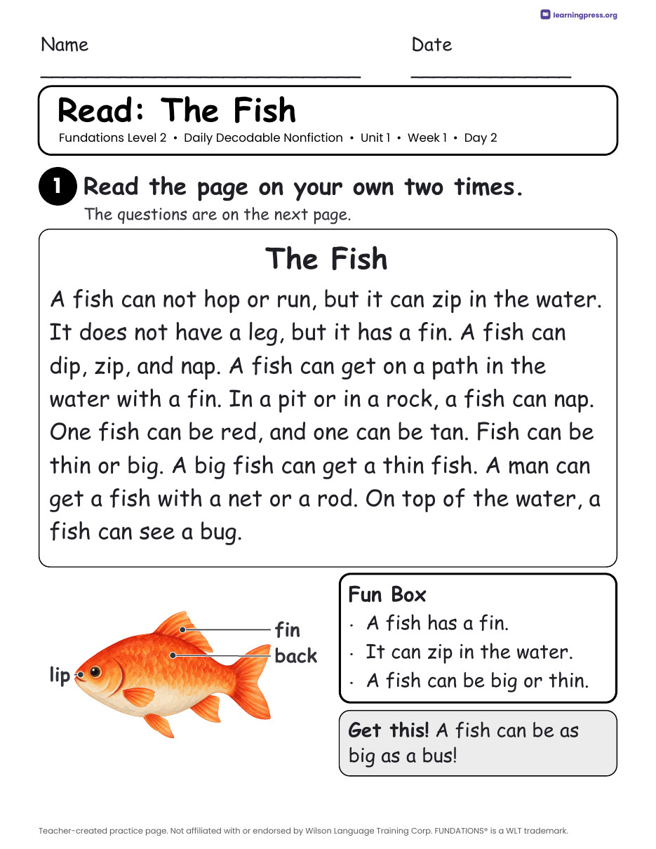 Preview page 3 of Fundations-Aligned Daily Decodable Nonfiction · Level 2 Unit 1