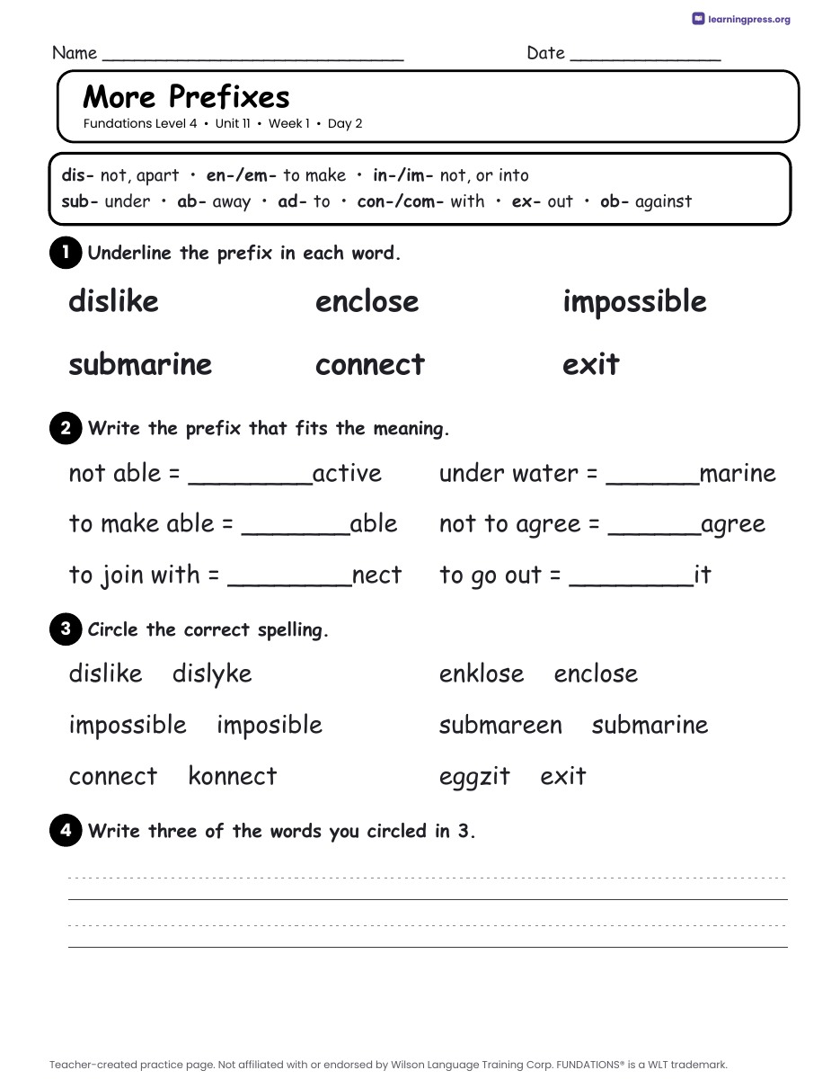 Preview page 1 of Fundations Level 4 Unit 11 Daily Lesson Work Pages