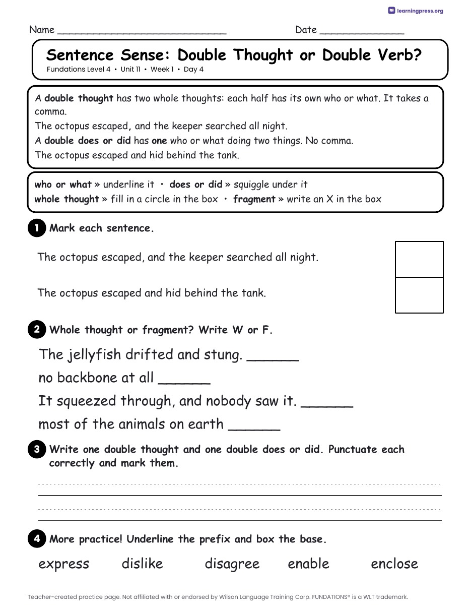 Preview page 2 of Fundations Level 4 Unit 11 Daily Lesson Work Pages