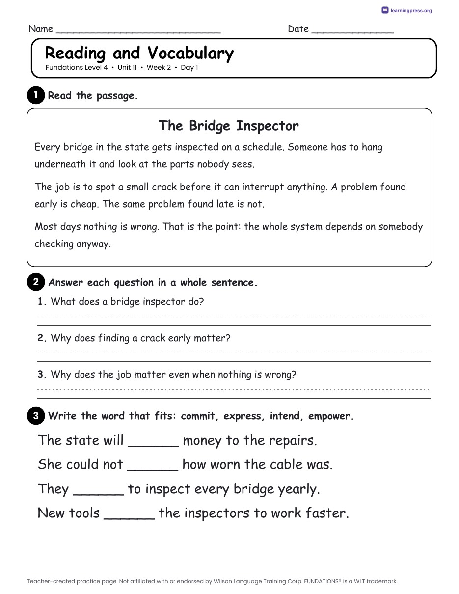 Preview page 3 of Fundations Level 4 Unit 11 Daily Lesson Work Pages