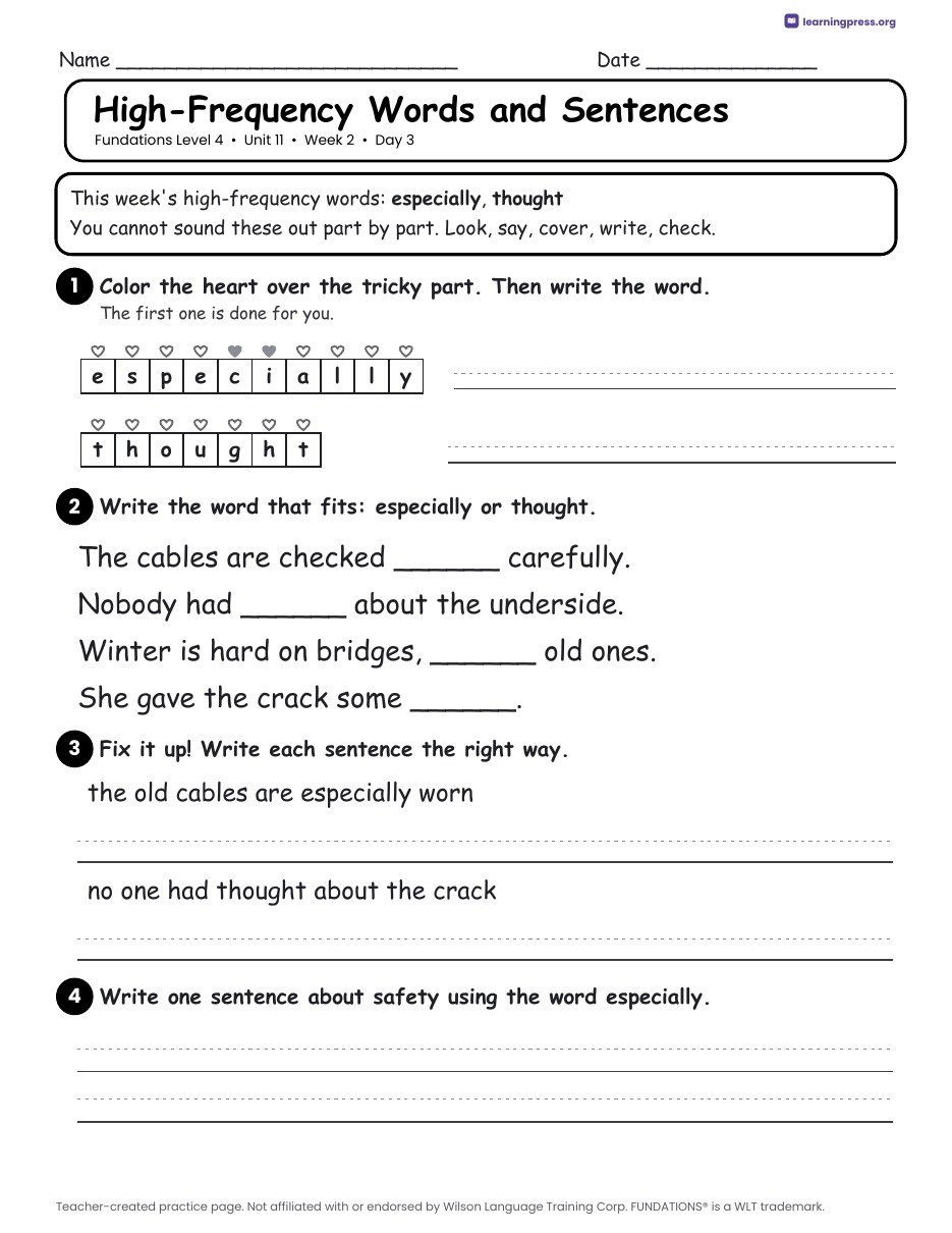 Preview page 4 of Fundations Level 4 Unit 11 Daily Lesson Work Pages