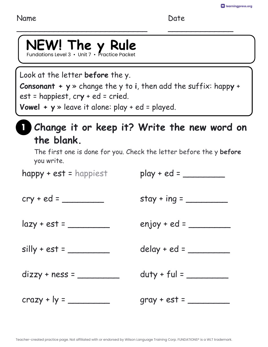 Preview page 1 of Fundations Level 3 Unit 7 Practice Packet