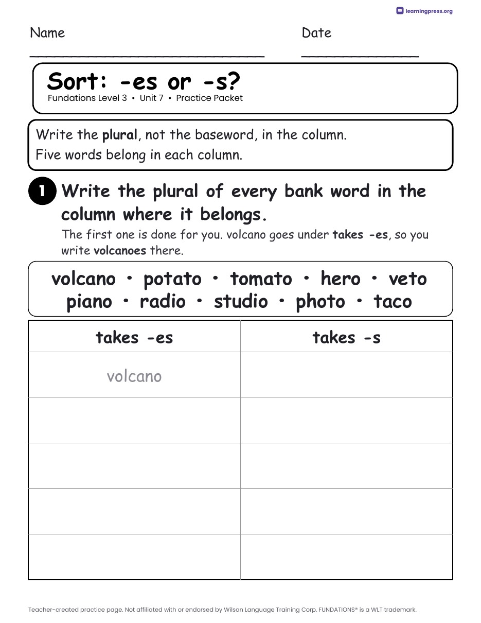 Preview page 2 of Fundations Level 3 Unit 7 Practice Packet