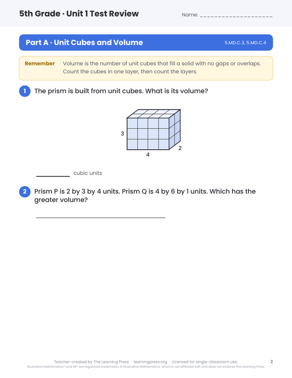Preview page 1 of Illustrative Math (IM®) Aligned 5th Grade Unit 1 Test Review