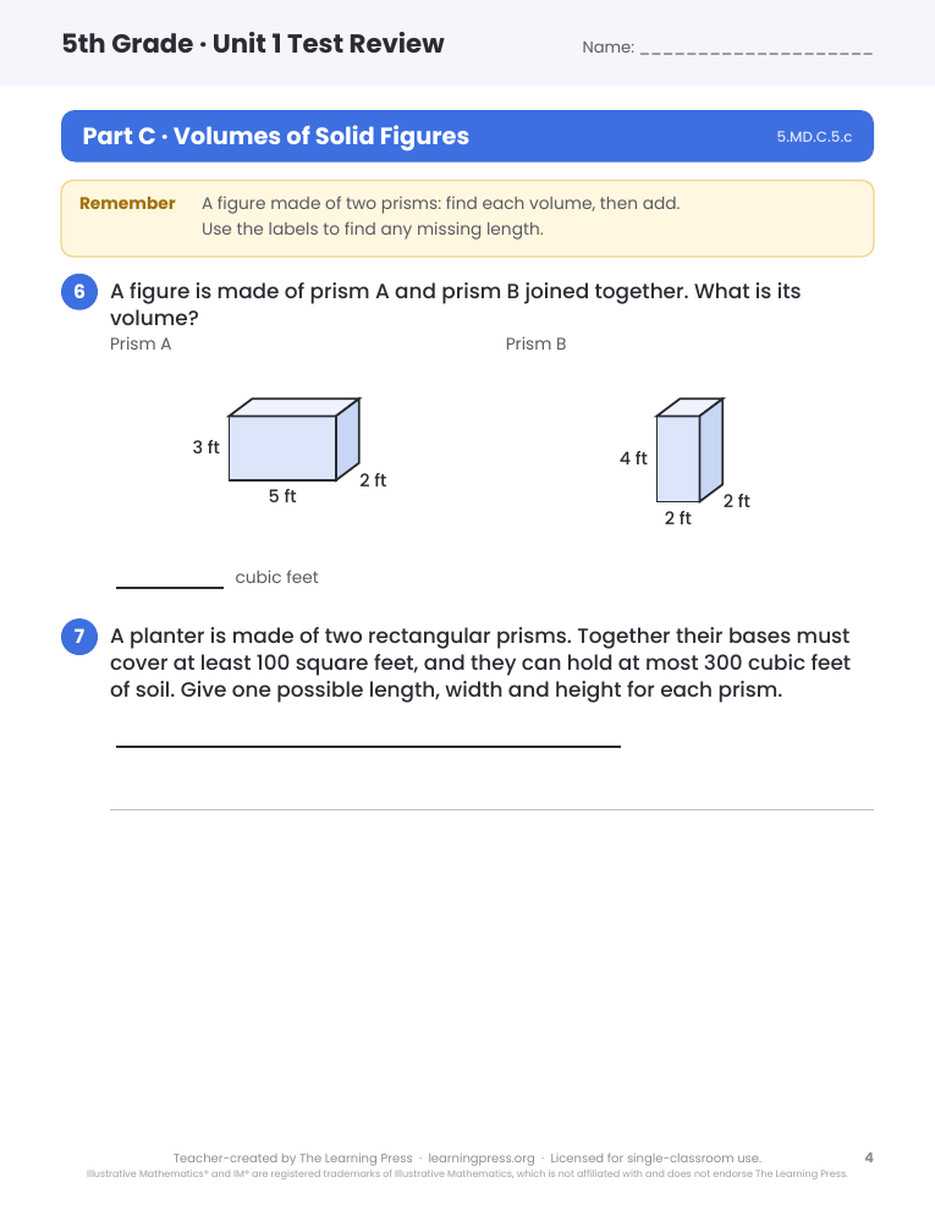 Preview page 3 of Illustrative Math (IM®) Aligned 5th Grade Unit 1 Test Review