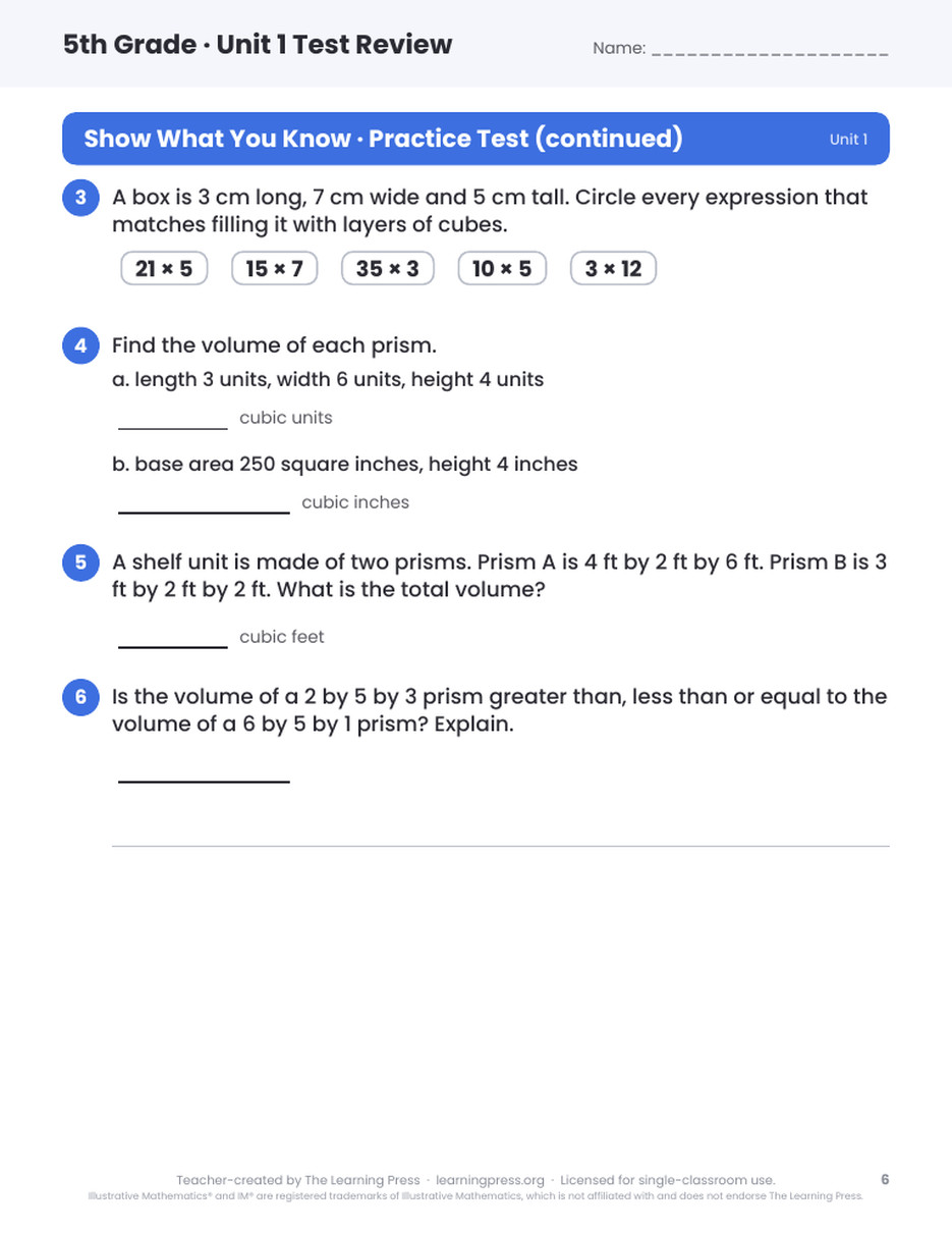 Preview page 4 of Illustrative Math (IM®) Aligned 5th Grade Unit 1 Test Review