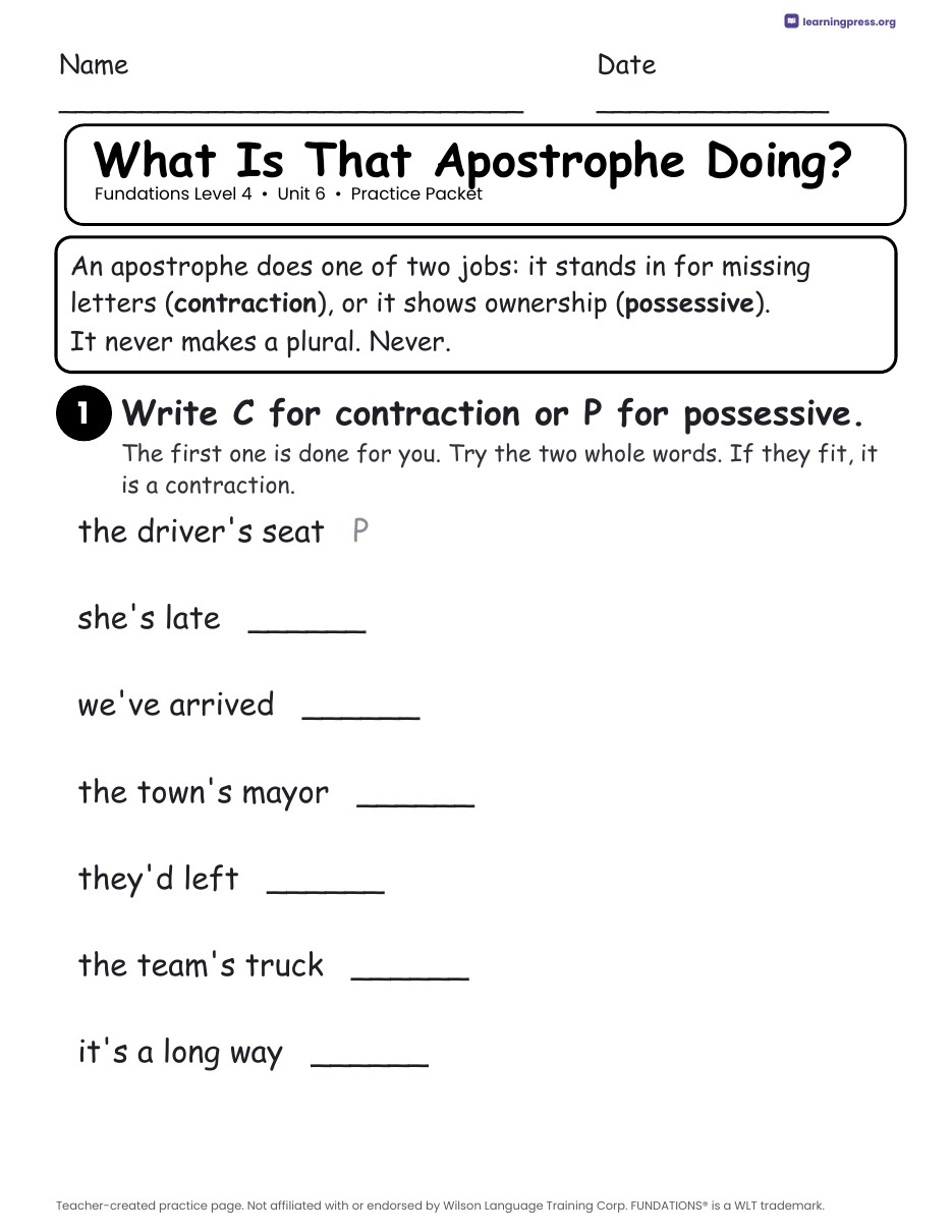 Preview page 2 of Fundations Level 4 Unit 6 Practice Packet