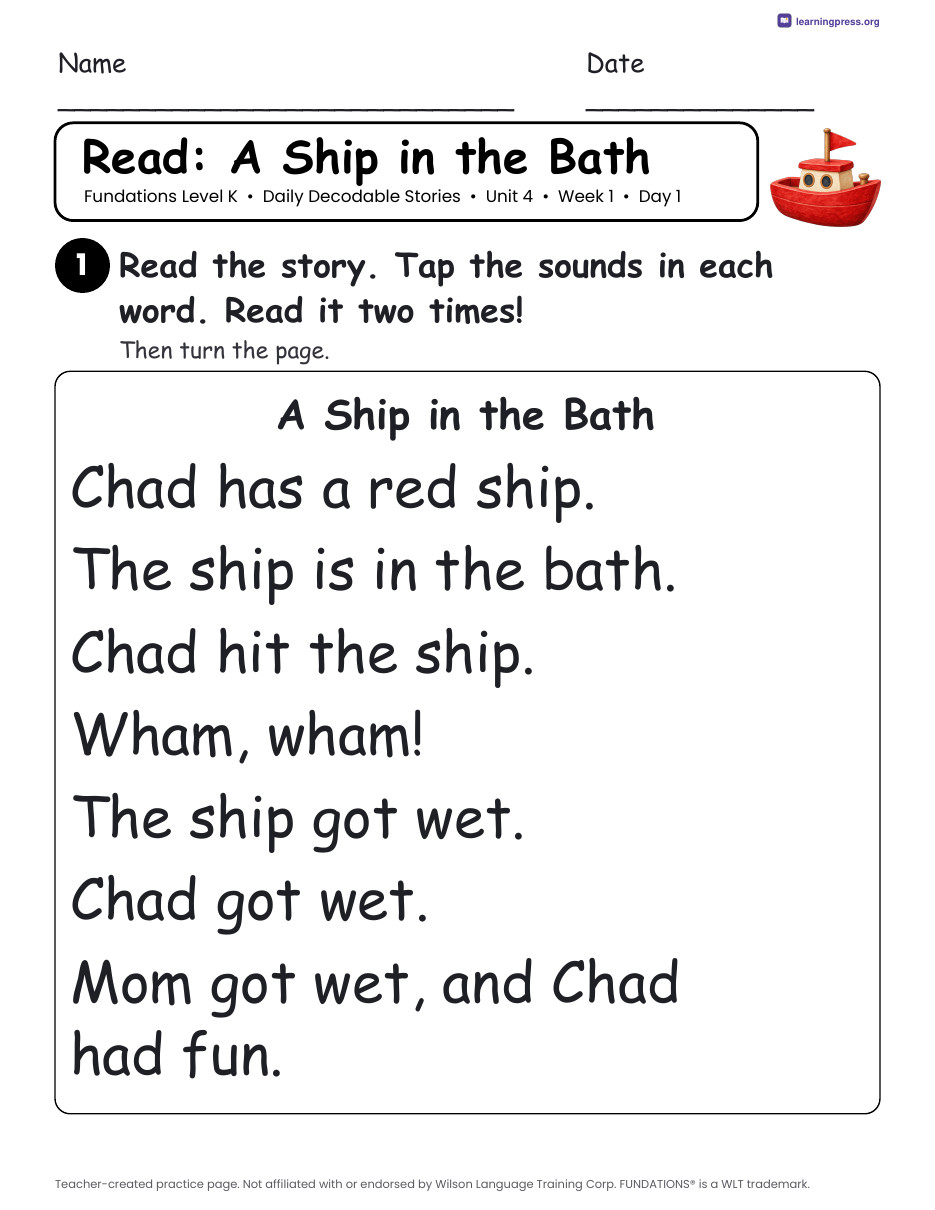 Preview page 1 of Fundations Level K Unit 4 Daily Decodable Stories