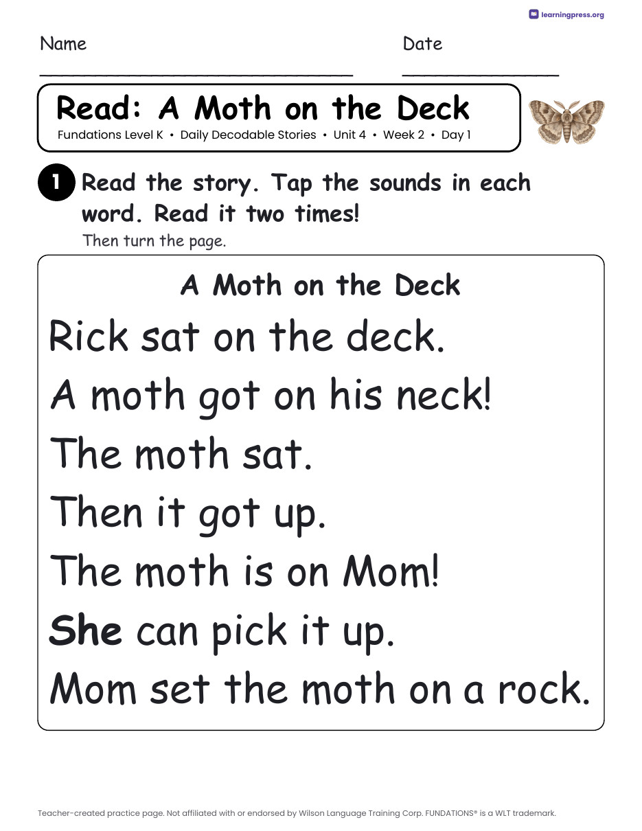 Preview page 2 of Fundations Level K Unit 4 Daily Decodable Stories