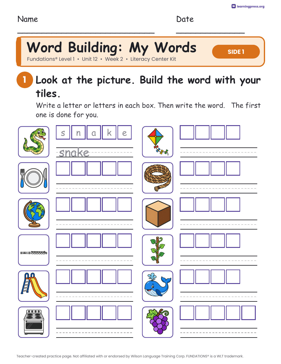 Preview page 2 of Fundations Level 1 Unit 12 Week 2 Literacy Center Kit