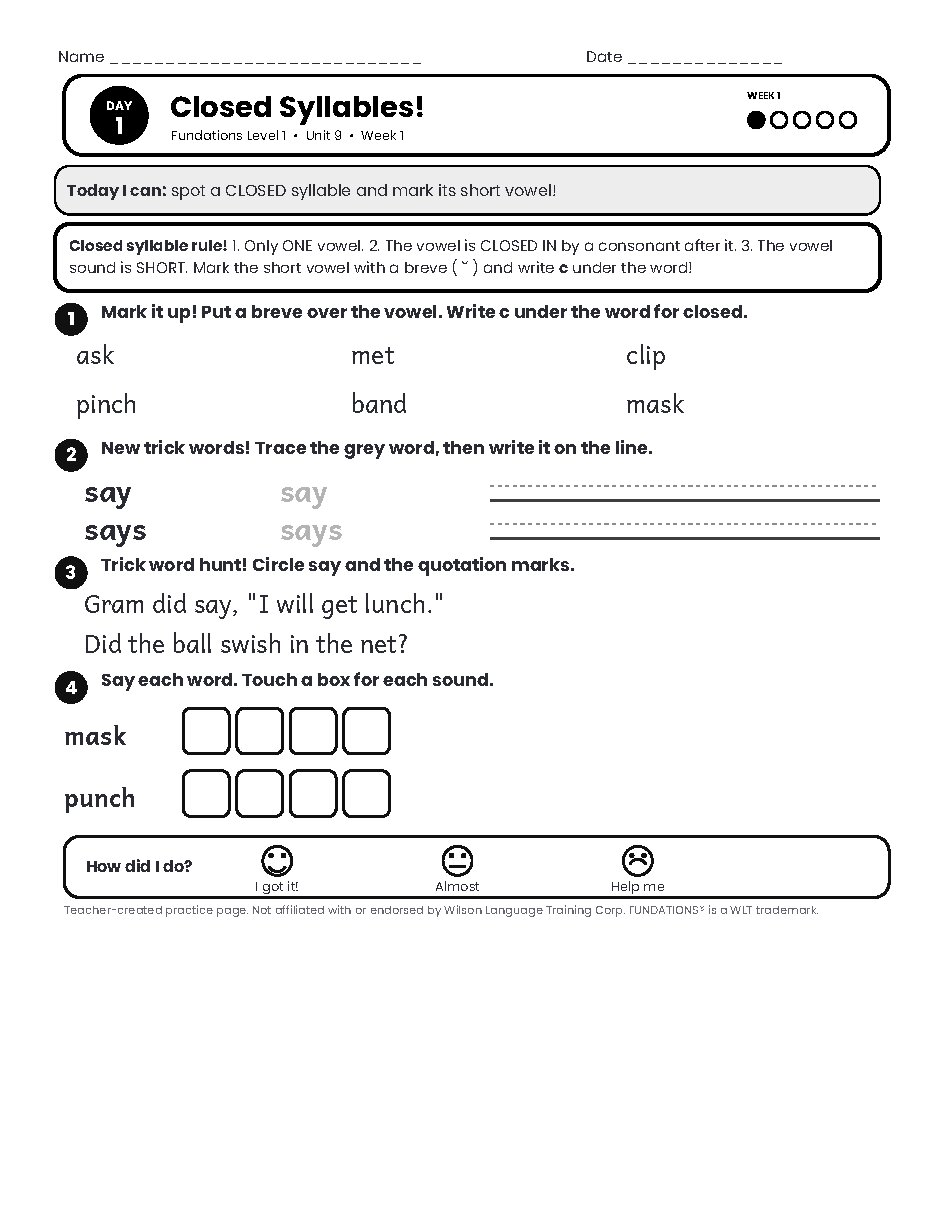 Preview page 2 of Fundations Level 1 Unit 9 Practice Pack