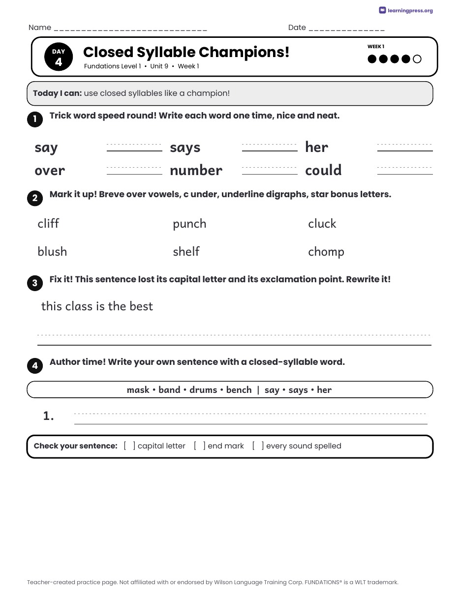 Preview page 2 of Fundations Level 1 Unit 9 Daily Lesson Work Pages