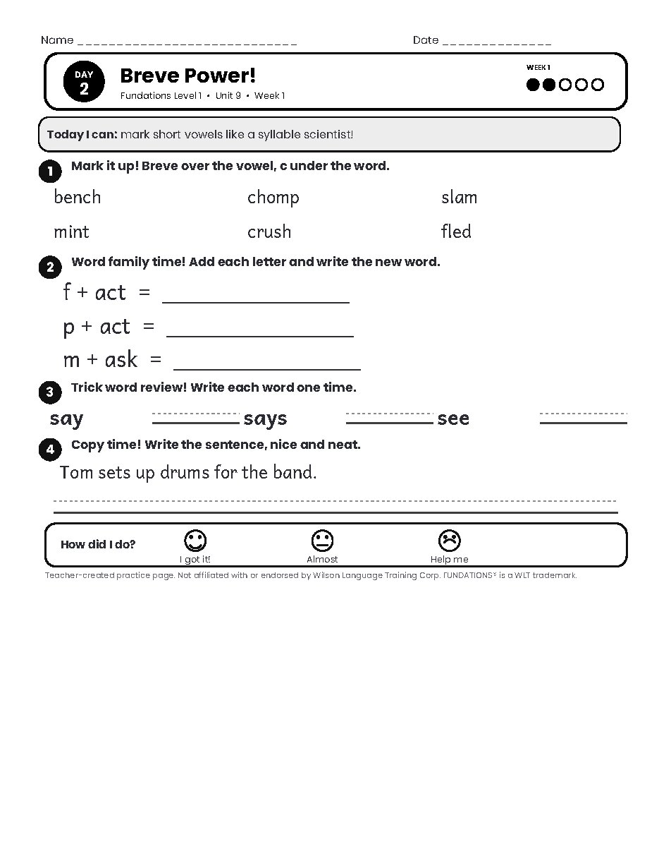 Preview page 3 of Fundations Level 1 Unit 9 Practice Pack