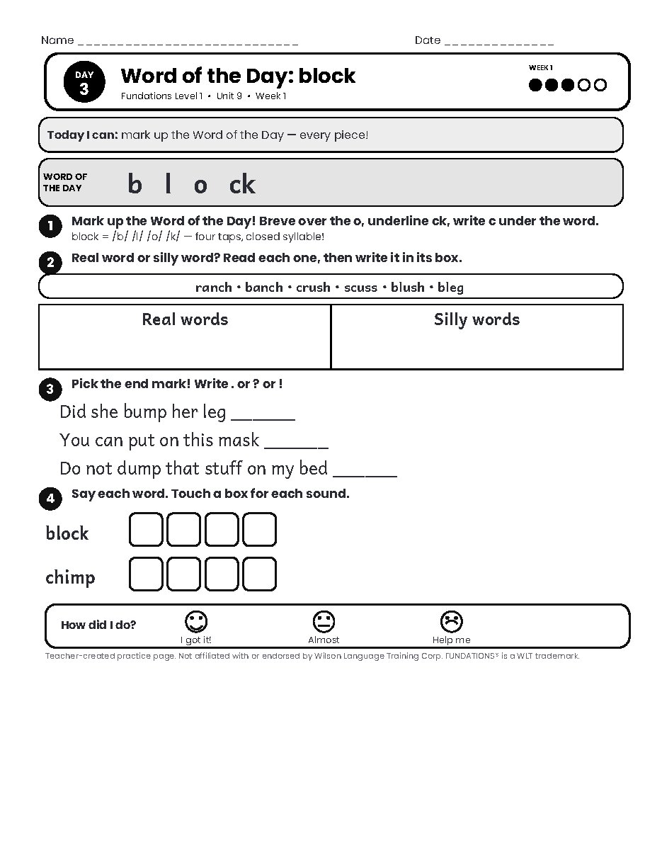 Preview page 4 of Fundations Level 1 Unit 9 Practice Pack