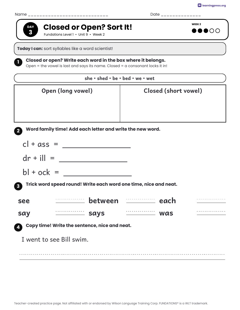 Preview page 4 of Fundations Level 1 Unit 9 Daily Lesson Work Pages