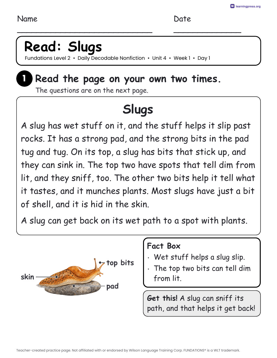 Preview page 1 of Fundations-Aligned Daily Decodable Nonfiction · Level 2 Unit 4