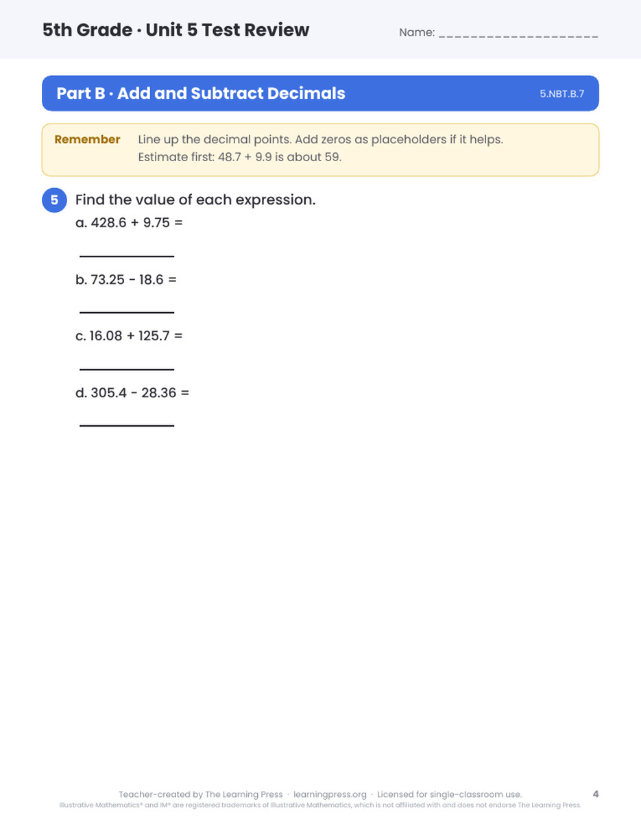 Preview page 2 of Illustrative Math (IM®) Aligned 5th Grade Unit 5 Test Review