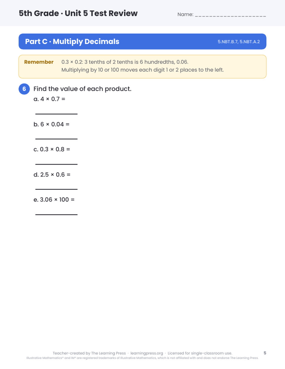 Preview page 3 of Illustrative Math (IM®) Aligned 5th Grade Unit 5 Test Review