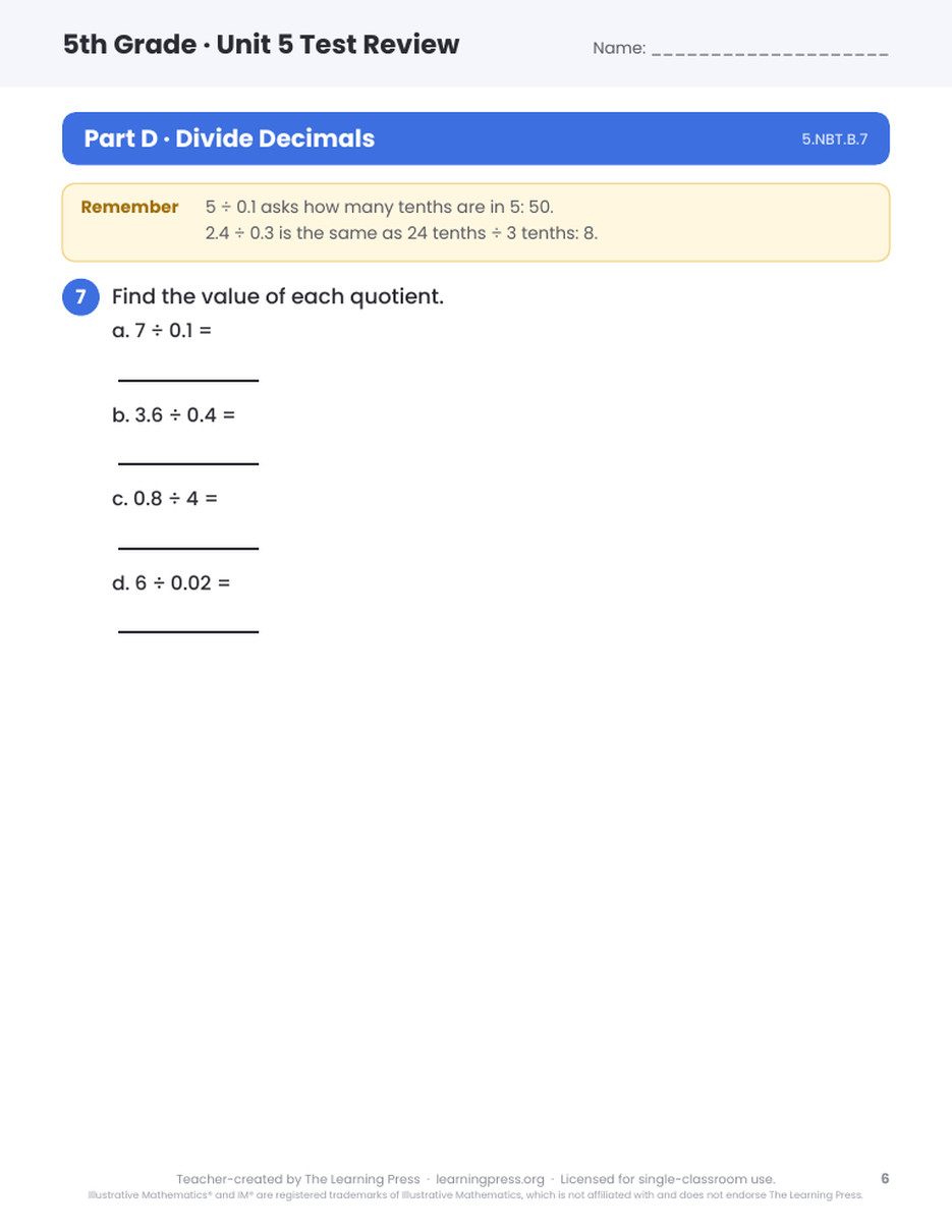 Preview page 4 of Illustrative Math (IM®) Aligned 5th Grade Unit 5 Test Review