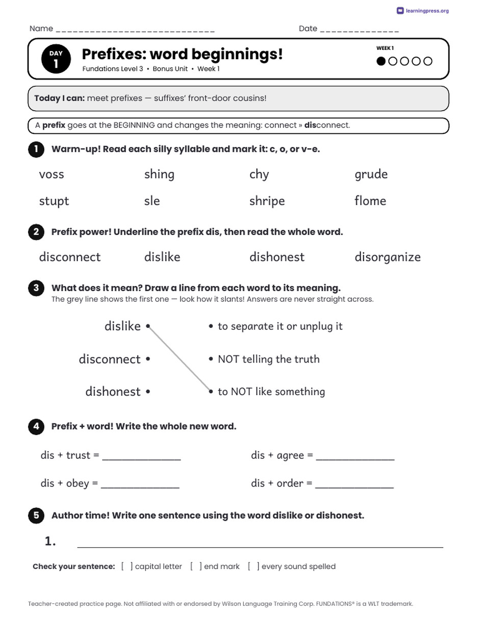 Preview page 1 of Fundations LEVEL 3 — Full-Year Daily Lesson Work Page Bundle (All Units 1–14 + Bonus)