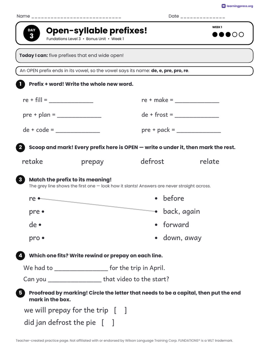 Preview page 3 of Fundations LEVEL 3 — Full-Year Daily Lesson Work Page Bundle (All Units 1–14 + Bonus)