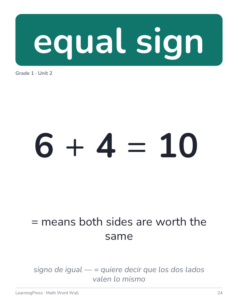 Preview page 2 of Illustrative Math (IM®) Aligned 1st Grade Math Word Wall (English & Spanish)