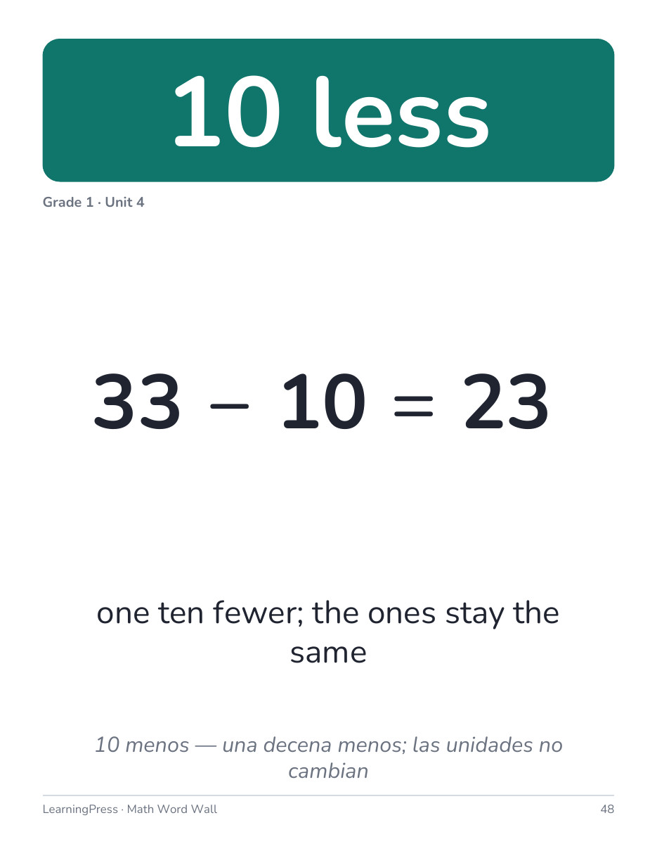 Preview page 3 of Illustrative Math (IM®) Aligned 1st Grade Math Word Wall (English & Spanish)