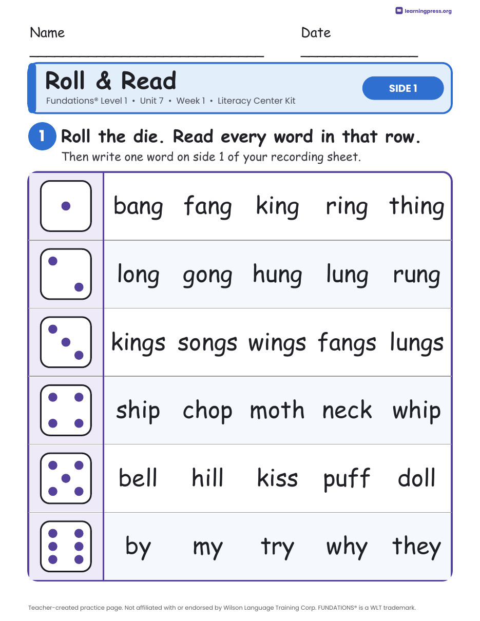 Preview page 1 of Fundations Level 1 Unit 7 Week 1 Literacy Center Kit