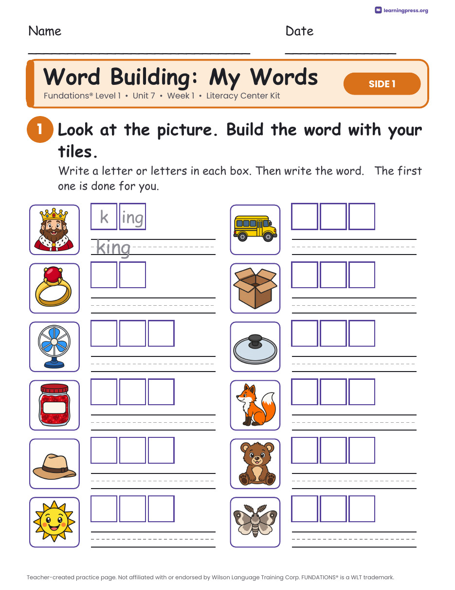 Preview page 2 of Fundations Level 1 Unit 7 Week 1 Literacy Center Kit