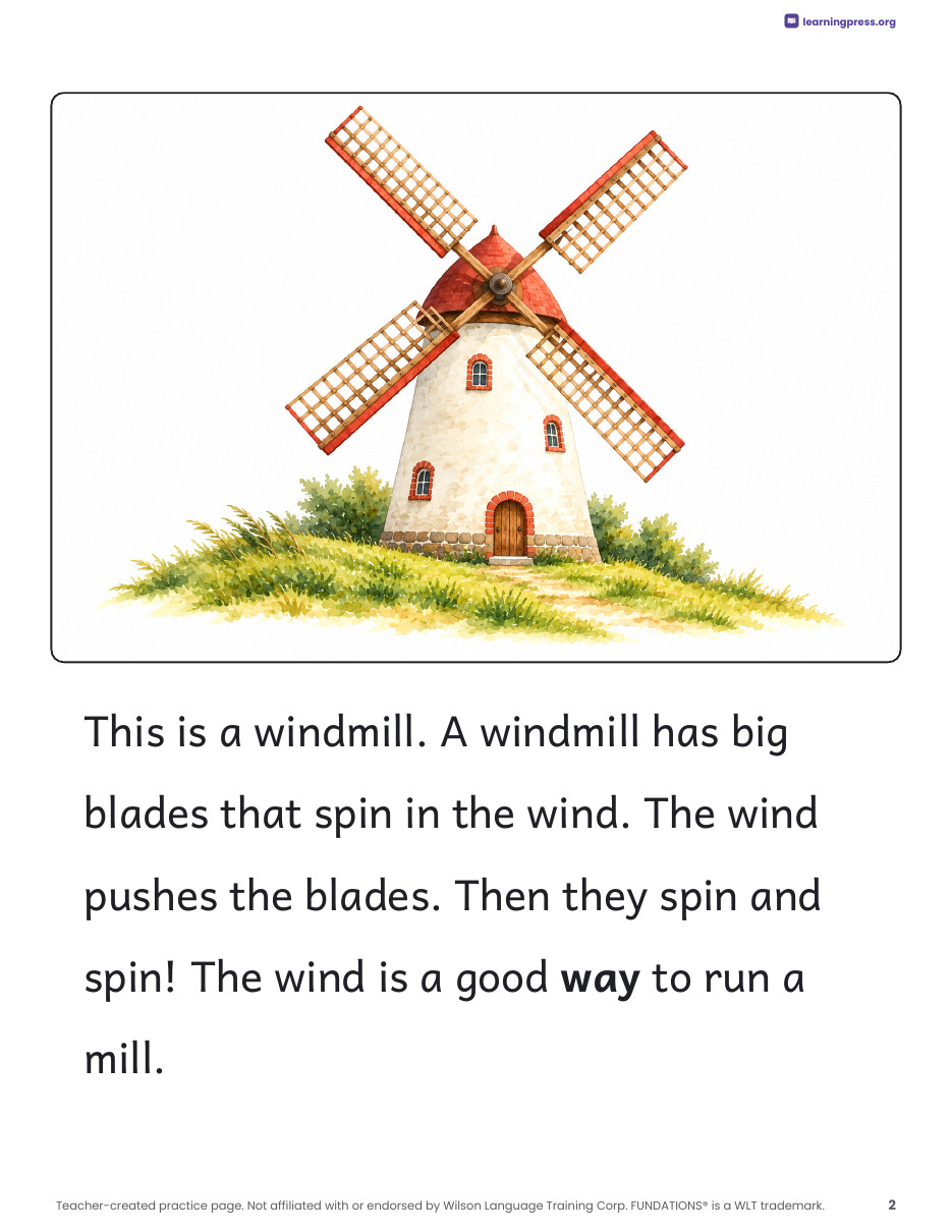 Preview page 1 of Fundations®-Aligned Decodable Nonfiction Book · Level 1 Unit 14: Windmills
